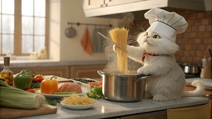 This charming and humorous image depicts a fluffy white cat playfully embodying a chef, complete with a tall white toque blanche hat and a small red bow tie/collar. Standing attentively at a k