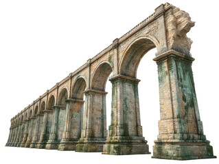 Stone aqueduct long arches isolated over png transparent background	