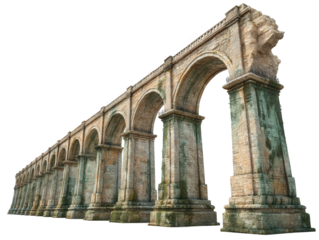 Stone aqueduct long arches isolated over png transparent background	