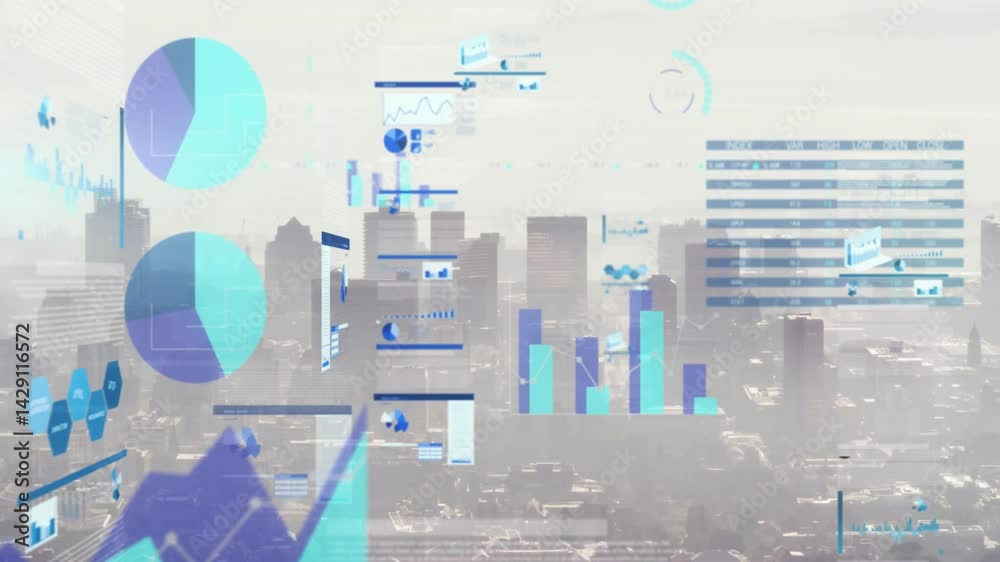 Poster Data visualizations floating above hazy skyline showing pie charts bar charts and line graphs