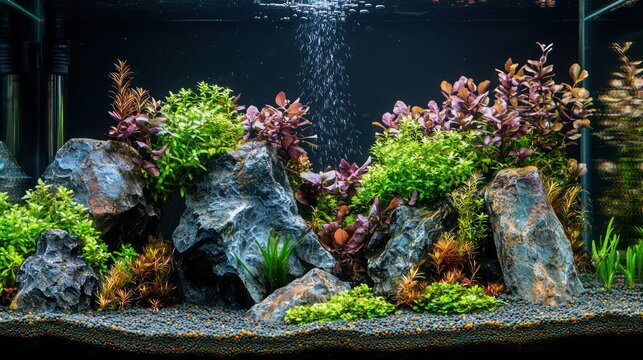 A step-by-step aquascaping process showing the arrangement of plants and stones.