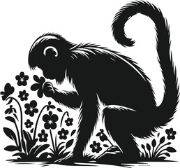 Black vector silhouette of monkey with flower