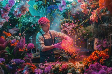 A florist in a botanical workshop with an AI assistant as a flow of digital petals and leaves suggesting floral arrangements. Bright, natural lighting enhances the colorful and creative environment