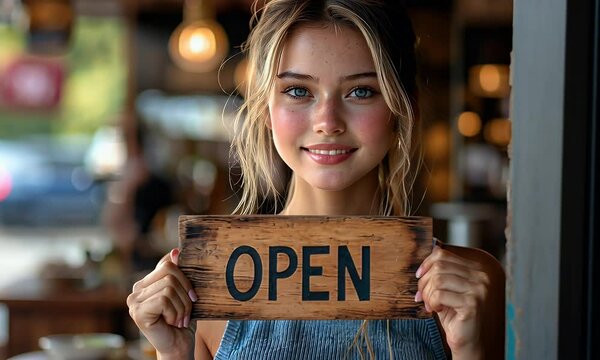Young woman holding a wooden "Open" sign in a cafe.