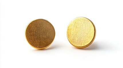 Small gold dot studs with flat surface, isolated on white background