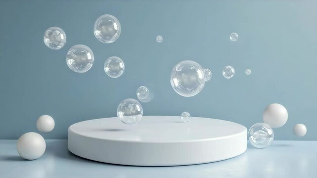 A simple round podium on a pale blue background with foam and bubbles floating above. v3
