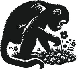 Obraz premium Black vector silhouette of monkey with flower