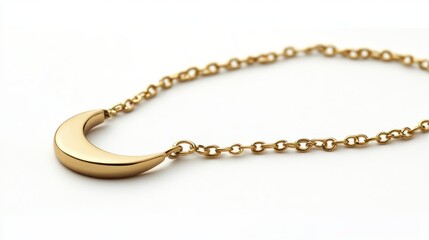 Tiny gold moon charm on dainty chain, isolated on white background