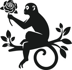 Black vector silhouette of monkey with flower