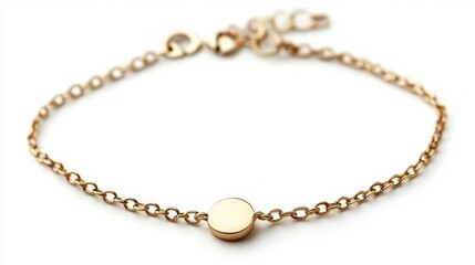 Dainty chain bracelet with tiny circular charm, isolated on white background