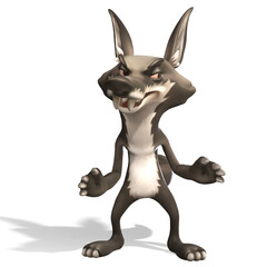 Cartoon gray wolf character with mischievous expression and sharp teeth standing in confident pose on white background