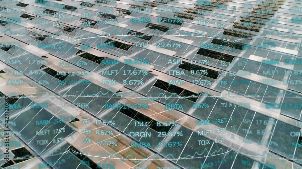 Poster angled reflective glass panel grid displaying floating turquoise stock symbols with 3d line charts