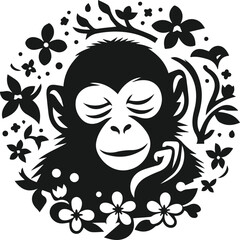 Black vector silhouette of monkey with flower