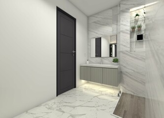 3D Modern bathroom interior design with a sink cabinet and a mirror panel.