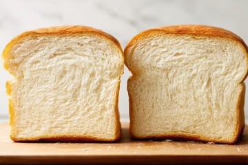Freshly sliced bread reveals a soft, fluffy interior, showcasing its perfect texture and golden crust on a wooden cutting board.