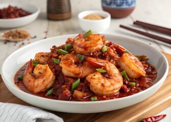 Fototapeta premium plate of shrimp in red curry sauce, garnished with green onions and chili peppers.