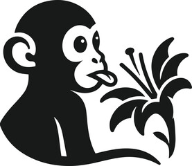 Black vector silhouette of monkey with flower