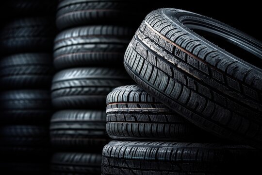 A close-up view of stacked black tires, showcasing their textured surfaces against a dark background.