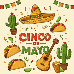 Colorful Cinco de Mayo celebration illustration featuring tacos, sombrero, maracas, cactus, and festive elements on a bright background. Perfect for Mexican holiday themes, party invitations