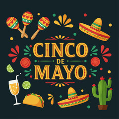 Colorful Cinco de Mayo celebration illustration featuring tacos, sombrero, maracas, cactus, and festive elements on a dark background. Perfect for Mexican holiday themes, party invitations
