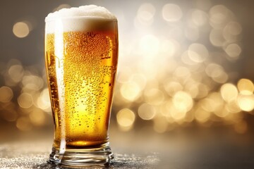 A frosty glass of golden beer, topped with foam, against a blurred, shimmering background.