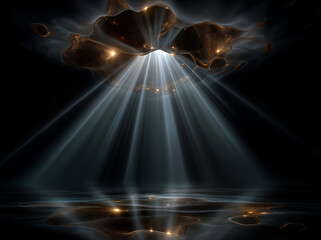 mesmerizing abstract scene featuring luminous rays of light emerging from dark, cloud like formation, creating captivating interplay of light and shadow. ethereal glow reflects smooth surface