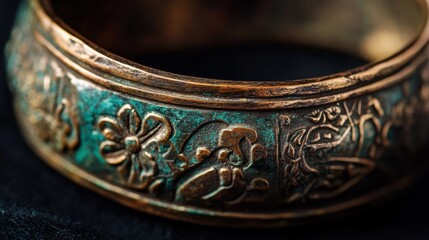 Intricate Vintage Copper Ring with Teal Patina and Floral Design