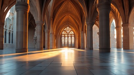 Obraz premium Sunlight streams through a grand, gothic cathedral hall.
