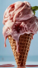 A scoop of pink ice cream in a cone with a green leaf on top