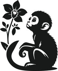 Black vector silhouette of monkey with flower