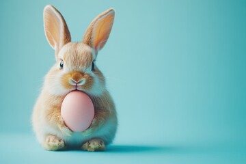 Obraz premium Delightful easter bunny holding a pastel pink egg against a serene blue background with ample space for your creative text
