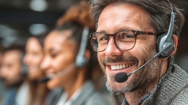 Smiling customer service representative wearing a headset and glasses, with colleagues in the background.