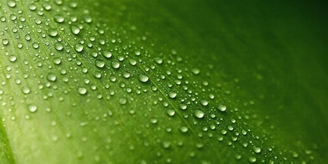 Grünes Pflanzenblatt mit diagonal verlaufenden Tautropfen in Nahaufnahme und weicher Lichtstimmung