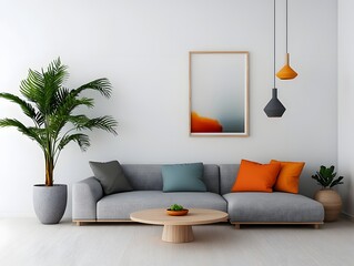 A contemporary living area featuring a comfortable L shaped sectional minimalist Scandinavian inspired decor natural wood accents and soft ambient lighting