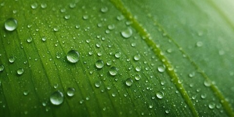 Makroaufnahme eines gr&uuml;nen Blattes mit Tautropfen und feiner Blattstruktur bei weichem Licht