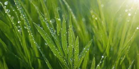 Fototapeta premium Frische grüne Gräser mit glänzenden Tautropfen im Morgenlicht und weichem Bokeh-Hintergrund