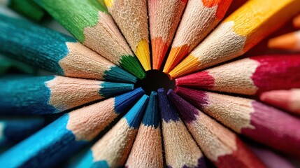 Colorful Pencil Tips Arranged in a Radial Pattern Showcasing Vibrant Hues and Artistic Potential