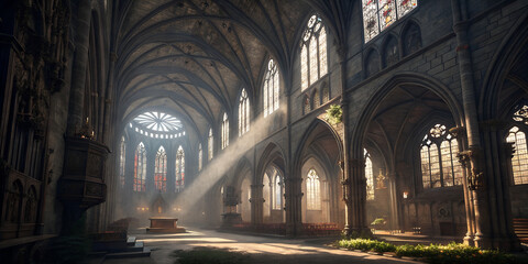 Fototapeta premium Explore the grand gothic cathedral interior with stained glass windows and sun rays shining through
