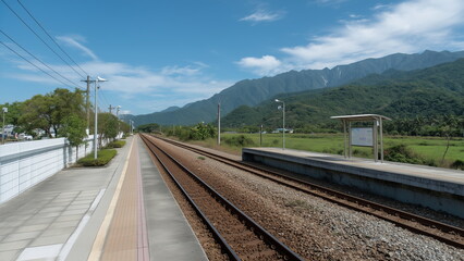 Fototapeta premium A train station platform and track at the countryside rural area, green grass field surrounded by distance mountain range, under clear blue sky