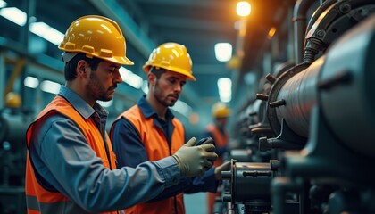 Engineers in safety gear checking industrial equipment
