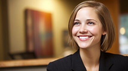 Confident professional woman smiling in office, embodying success and approachability in corporate setting.