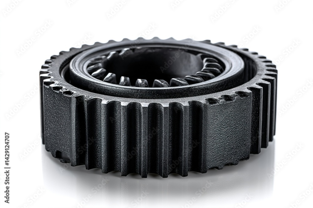Poster close-up view of a precision-engineered black gear resting on a reflective surface highlighting its 