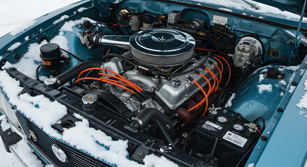Fototapeta premium Teal Car Engine Detailed View with Chrome and Orange Spark Plugs in Snowy Setting