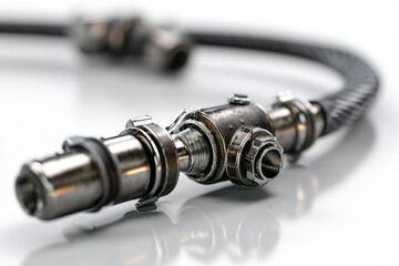 Close-up of a metal connector and hose used in industrial applications showing intricate details and craftsmanship