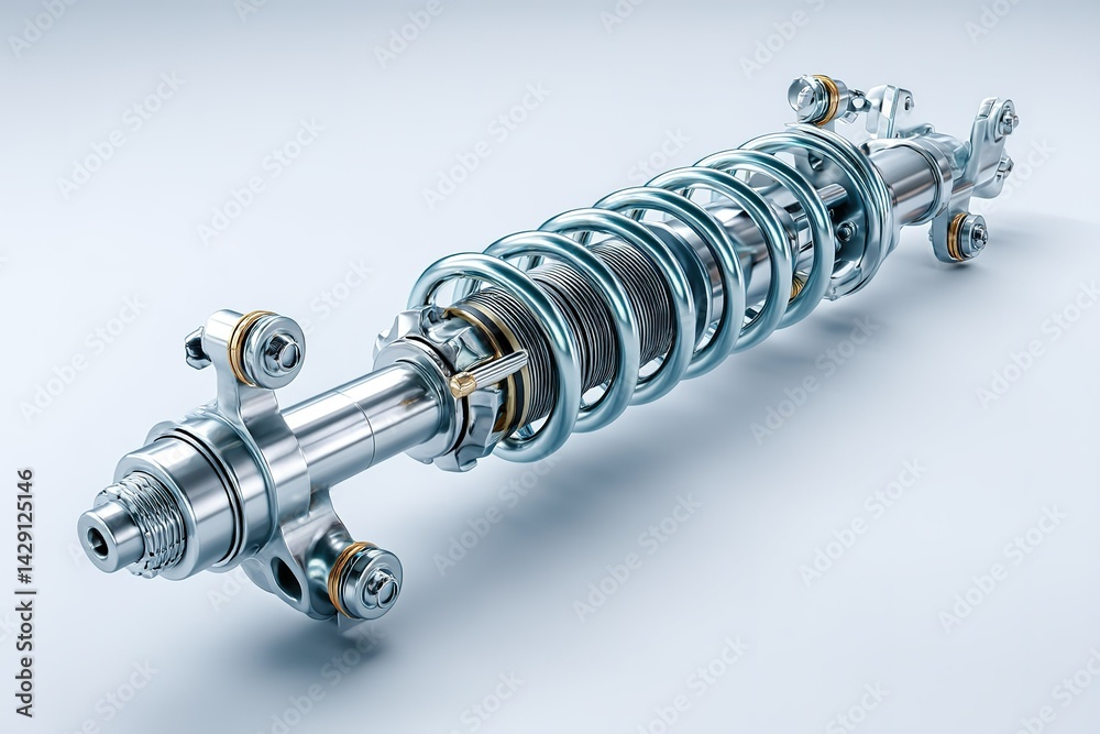Poster metal shock absorber with coil spring displaying intricate design and engineering in a studio settin