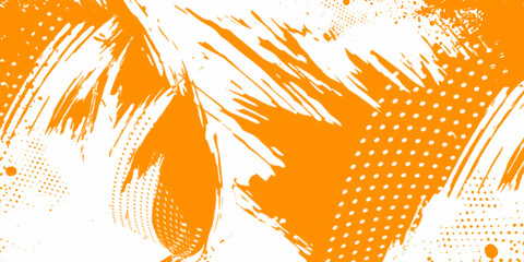 abstract halftone background with bold orange paint strokes, halftone dot patterns, splatter effects © md
