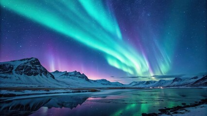 Naklejka premium Starry Arctic Night with Aurora Borealis and Reflections on Icy Water
