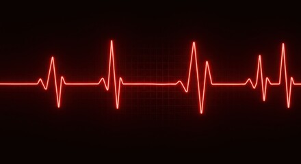 Glowing red electrocardiogram waveform pulsing against dark background, symbolizing urgent cardiac activity and high-tech medical precision