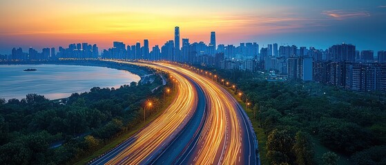 City skyline with highway light trails at dusk or dawn near water.