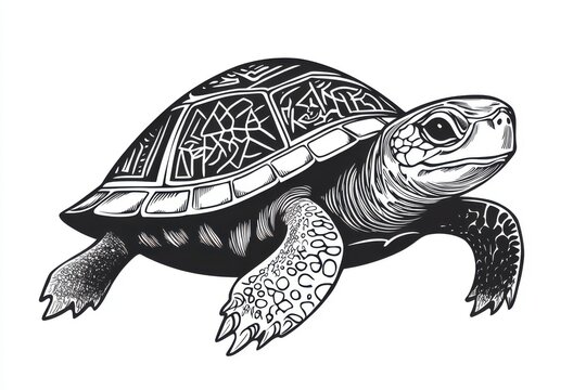 Detailed monochrome illustration of a turtle with patterned shell design